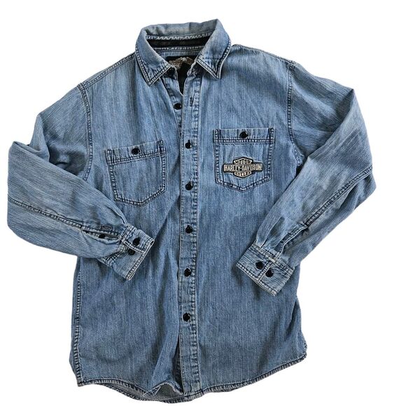 Harley Davidson Blue Denim Shirt  Embroidered V-Twin Power Motorcycles Size S - Picture 2 of 7